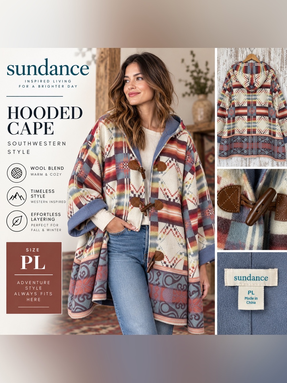 Sundance Multicolor Southwestern Wool Blend Hooded Cape Toggle Coat PL